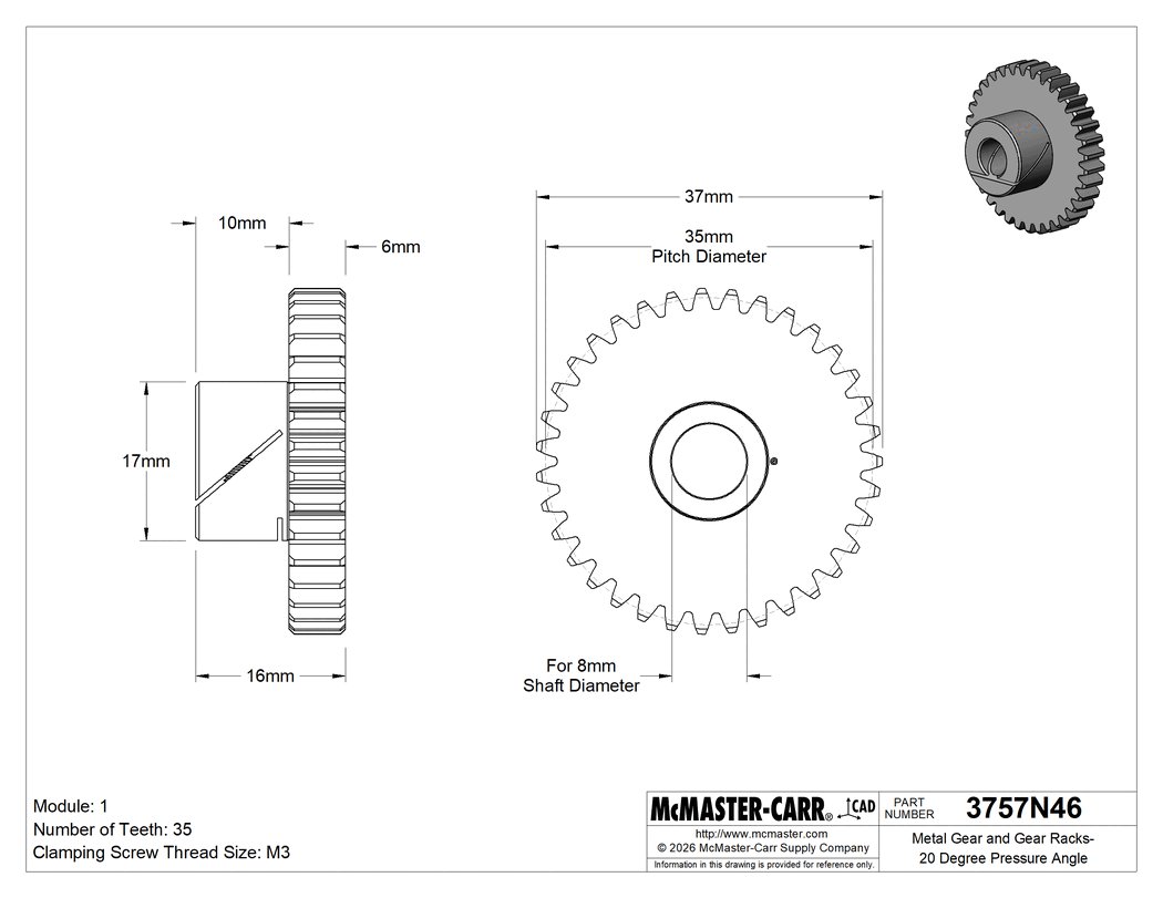 McMaster-Carr 3757N46 Spur Gear Spec