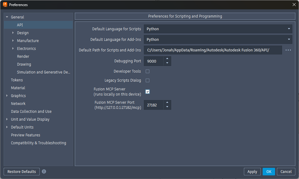 Fusion 360 MCP Settings