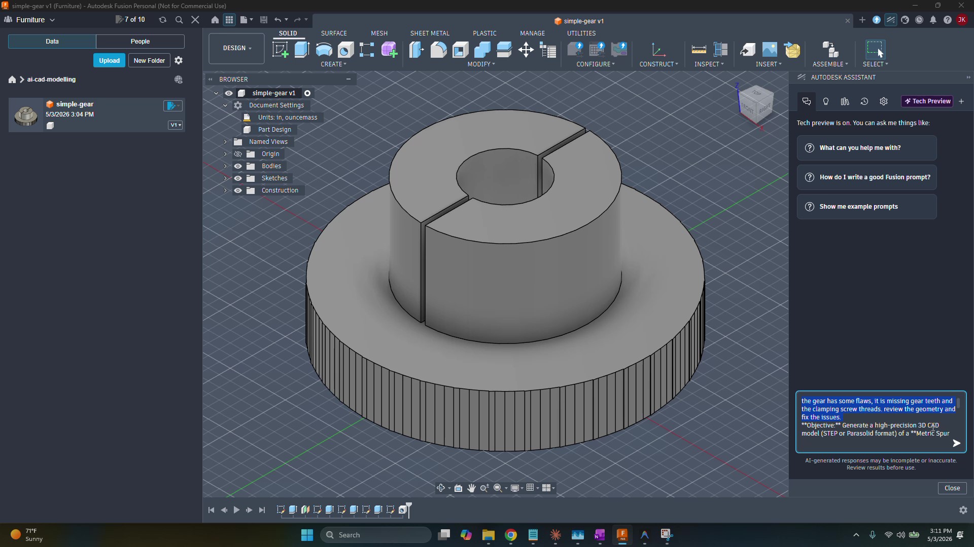 Initial gear body with no teeth