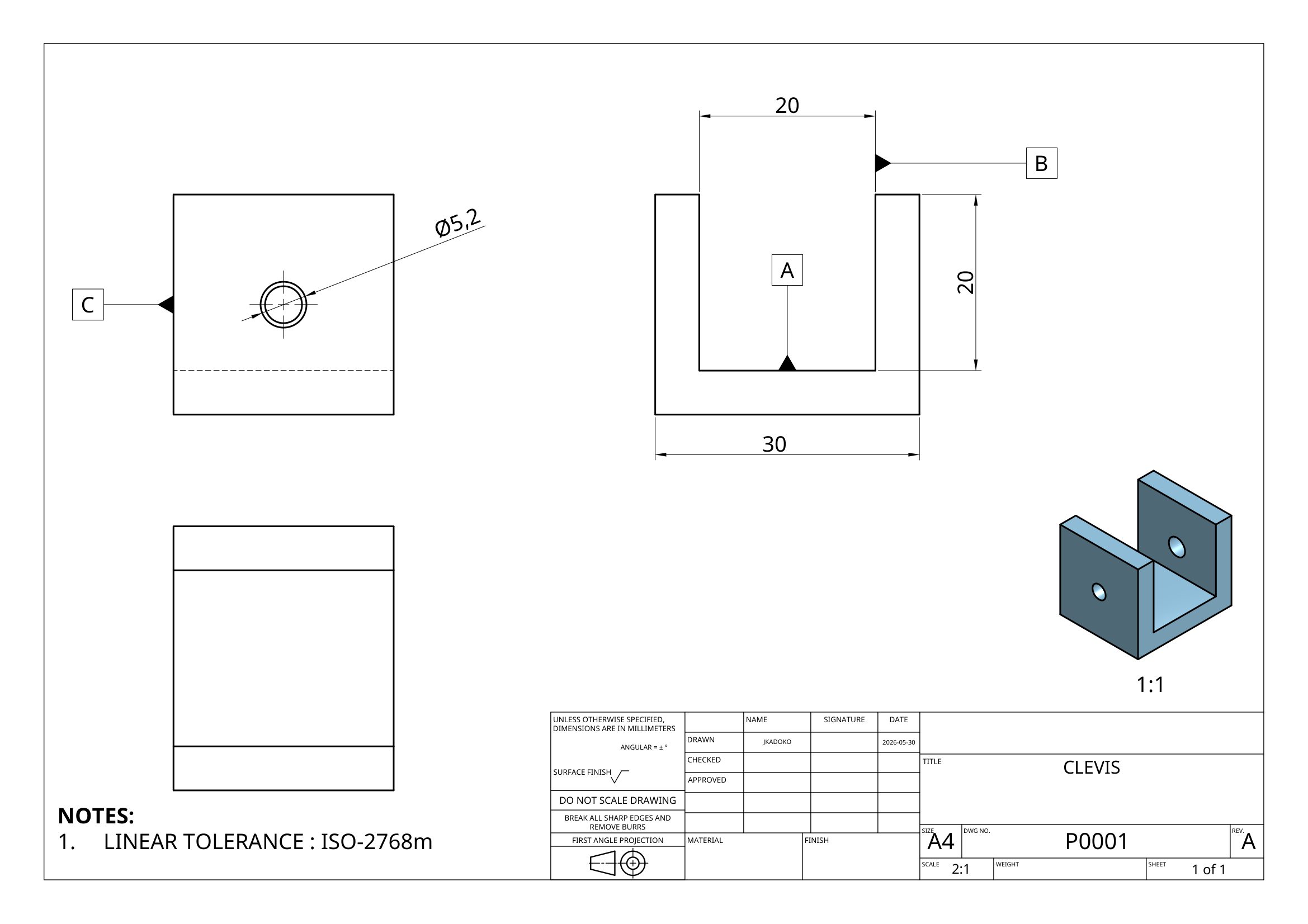 Clevis component drawing P0001 with linear dimensions and datum references