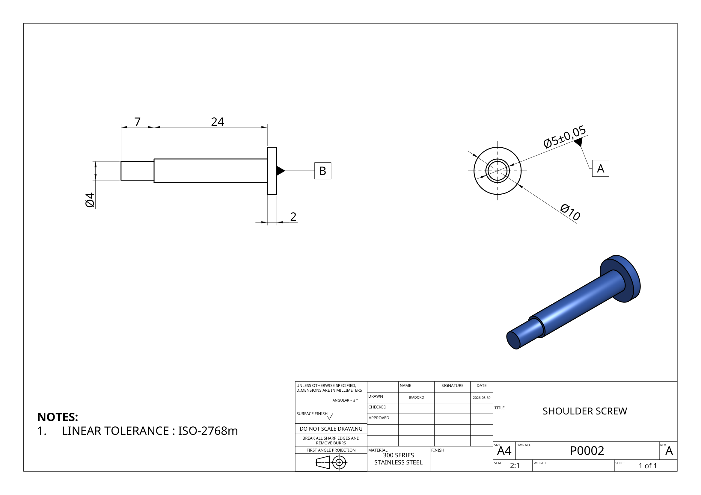 Shoulder screw component drawing P0002 with explicit tolerance on diameter