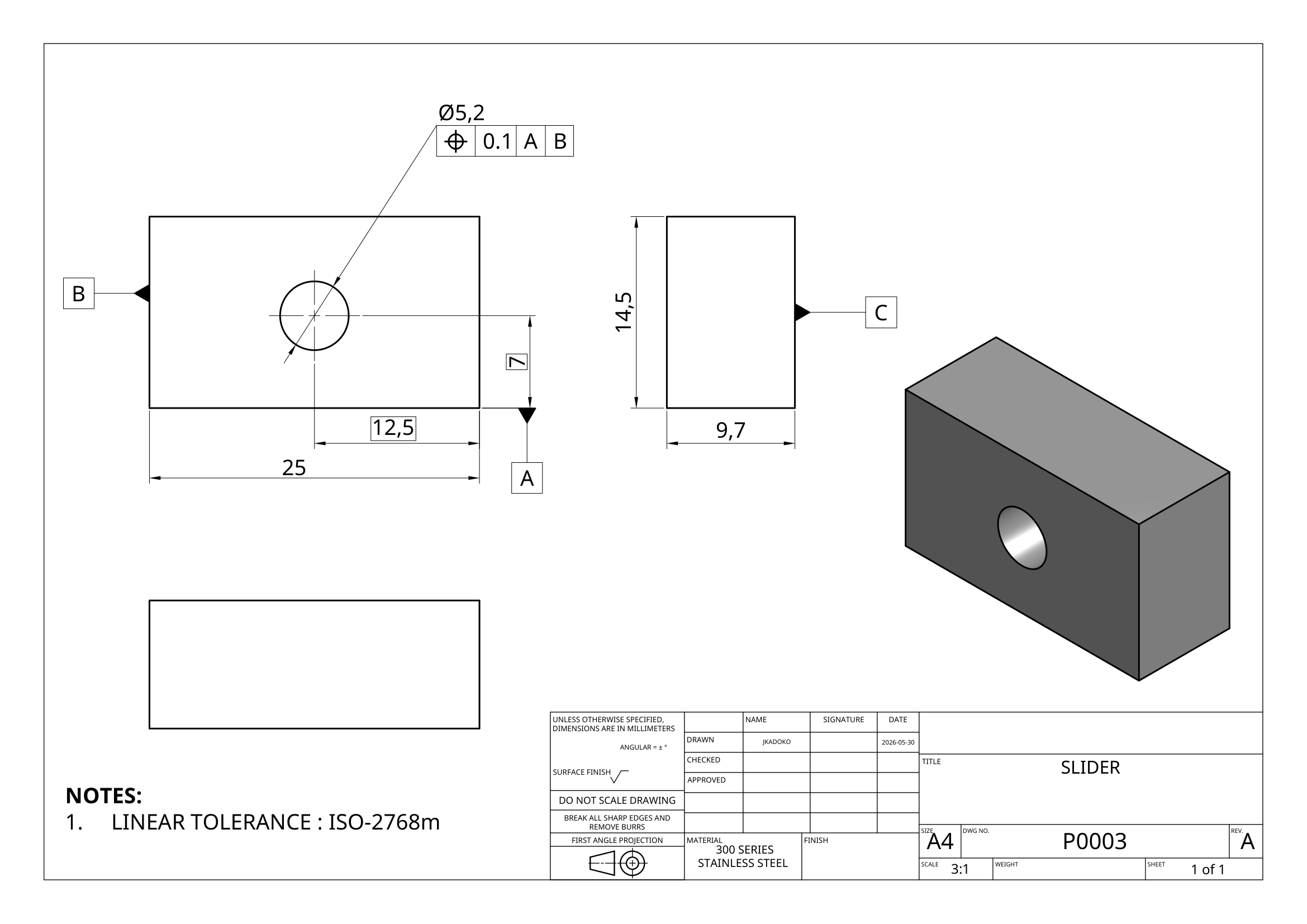 Slider component drawing P0003 with GD&T position callout